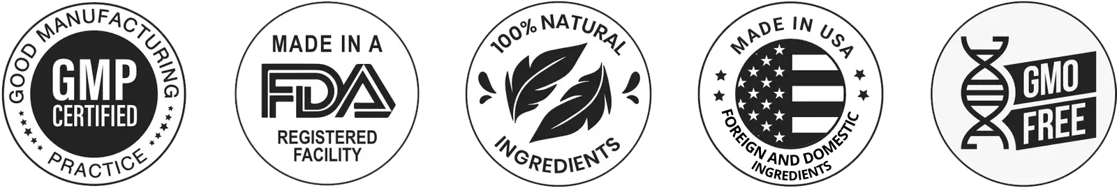 GMP Certified, FDA Registered Facility, Natural Ingredients, Made in USA, GMO Free